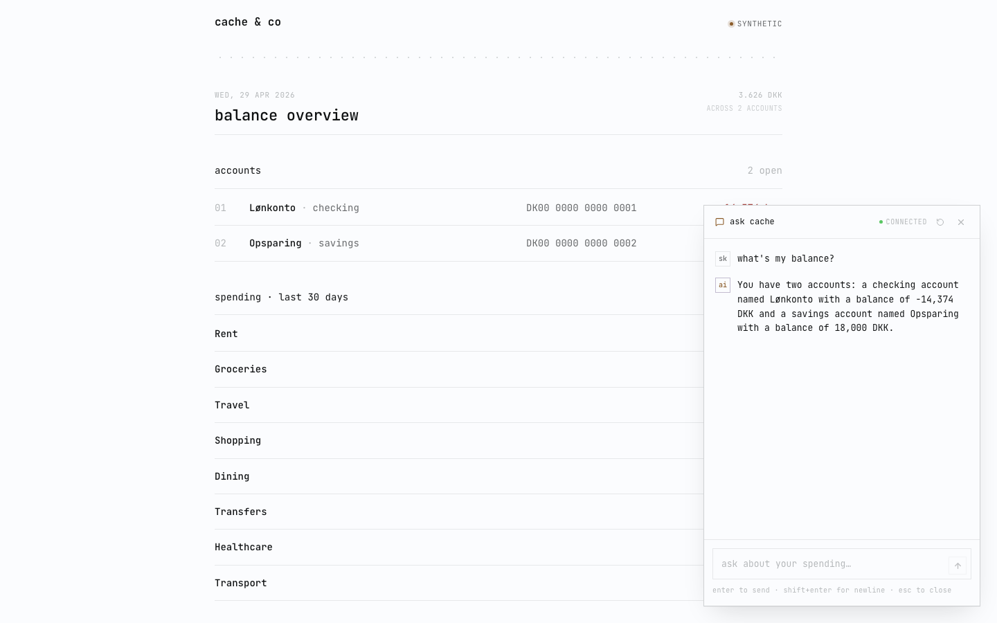 chat conversation: user asks "what's my balance?", assistant replies with both account names and their balances in dkk.