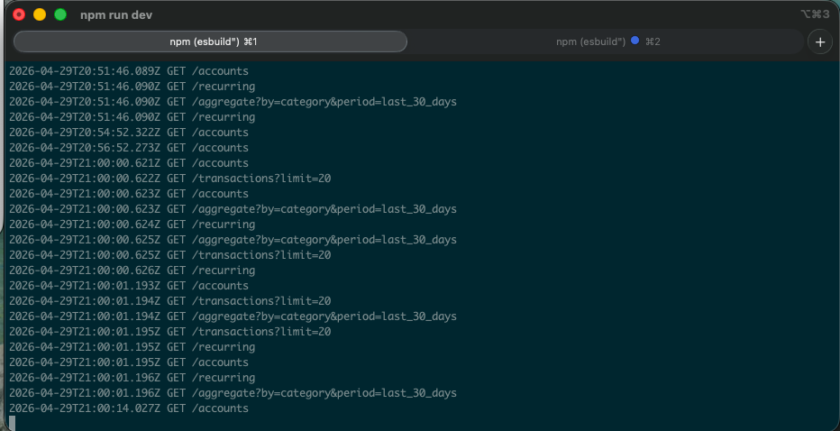 mock-bank-api dev server logging successive GET requests for /accounts, /recurring, /aggregate, /transactions as the dashboard loads.